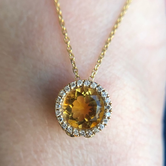 Getana 14k Citrine Diamond Pendant and Fine Chain Solid Yellow Gold Princess Cut - Picture 1 of 12